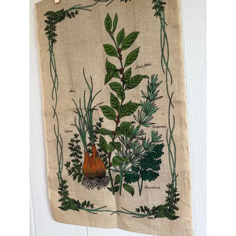 Vintage Botanical Herbs Linen Tea Towel Kitchen Wall Hanging Bay Rosemary Thyme